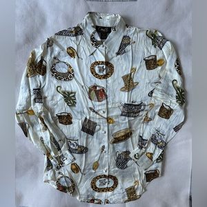 Vintage Corey B New York 100% Silk Safari Tea-set Blouse cream gold Size M